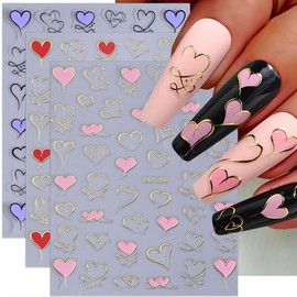 Pink Heart Nail Stickers 3D Valentines Nail Art Stickers Metallic Gold Heart Nail Decals Pink Purple Red Heart Nail Art Design Supplies Cute Valentine's Day Sliders for Women Nail Art Decorations 6PCS