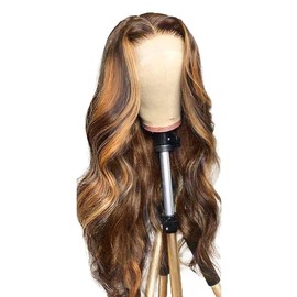 Lakaisa Human Hair Body Wave Human Hair Wig 4 x 1 Lace P4/27 Highlight Blonde Glueless Wear and Go Wig Women's Real Hair Bleached Knots Pre Plucked Hairline with Baby Hair for Woman 20 Inches