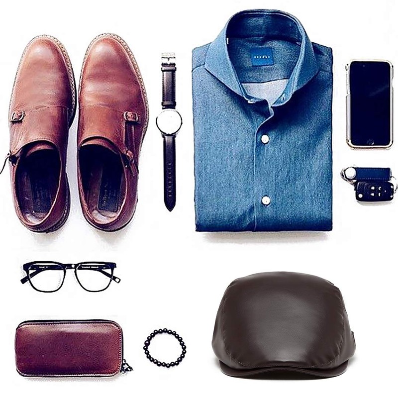 Kono Men Flat Cap PU Leather Gatsby Newsboy Caps Adjustable