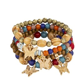 4Pcs Set Bohemian Butterfly Crystal Stone Stretch Pendant Bracelets for Women Gold Beaded Stackable Stretch Bracelet Colorful Charm Jewelry Boho Summer Beach-Wooden