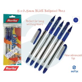 RORITO Fyro BLUE Ballpoint Pens 5 x 0.5mm Tip Smudge Free Writing Soft Grip Office School Supplies