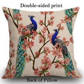Smooffly Peacock Cushion Covers, Peacock on Tropical Japanese Flowers Tree Branches Farmhouse Pattern Cotton Linen Decorative Throw Pillow Covers Pillow Cases for Sofa 18x18 inches 45X45CM