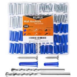 KURUI Concrete Anchors for Drywall Masonry Stucco Brick Tile, 180Pcs Wall Hanging Assortment Kit for Picture Frame, 90 Plastic Dry Wall Anchors and 90 Flat Head Screws, Wall Hangers with Drill Bit
