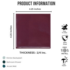 4 in Ceramic Tile Gloss 4 1/4" Box of 10 Pieces for Bathroom Wall and Kitchen Backsplash by Tenedos – Glossy Finish, Classic Look (Burgundy)