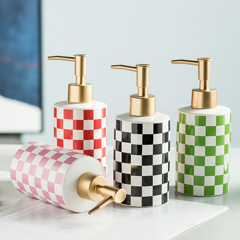 Checkered Ceramic Soap Dispenser Rust Proof Gold Matte Pump Decorative