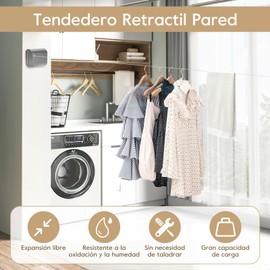 4.2M Tendedero Retráctil, Tendedero de Pared de Acero Inoxidable 304, Aguanta hasta 20 KG, Diseño Invisible sin Agujeros, para baños Balcones Jardines y terrazas (Gris)