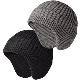 JFAN Winter Hat with Ear Flaps Wool Hat Head Warmer Beanies for Men and Women Outdoor One Size, Black and Grey
