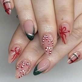Muorruo 24 Piece Christmas Press-on Nails, Medium Almond Shape, Artificial Nails with Gift Design, French Tips, Stick-on Nails for Winter Christmas