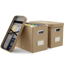 Oterri Hanging Filing File Box with Mesh Pocket, File Organizer Box with Lid, Collapsible Document Organizer Box for Letter Size, Easy Slide Durable Storage Box for Office/Decor/Home (2 PCS, Khaki)