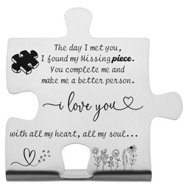 Missing Piece Puzzle Sign for Boyfriend Girlfriend Wife Husband, Romantic Gift for Valentine's Day Anniversary Birthday, Stainless Steel Desk Plaque with I Love You Quote for Him Her - FSD347