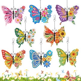 HONMOK 8pcs 5D Diamond Painting Craft Set, DIY Butterfly Diamond Painting Key Chain, Butterfly Craft Spring, Rhinestone Painting for Girls Craft Course Handbag Decoration