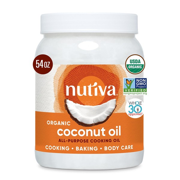 Nutiva Organic Steam-Refined Coconut Oil, 54 Fl Oz, USDA Organic, Non-GMO, Vegan, Keto, Paleo, Neutral Flavor and Aroma for Cooking & Natural Moisturizer for Skin and Hair