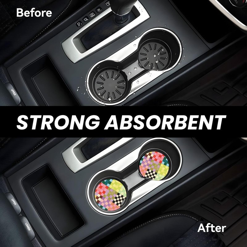 Checkered 2 Pack Car Cup Holder Coasters Absorbent Ceramic Coaster