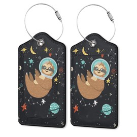 2 Pack PU Leahter Luggage Tag with Stainless Steel Loop,Sloth Space Travel Luggage Tag Travel Suitcase Labels with Privacy Cover ID Label Quickly Spot for Bags & Baggage