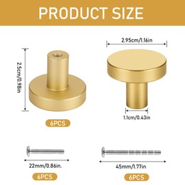 Wekuw Pack of 6 Cabinet Knobs, Furniture Knobs, Brass Drawer Knobs, Round Drawer Knobs, Stainless Steel Cabinet Knobs with Screws, for Drawer, Cabinet, Furniture, Kitchen Cabinets, Wardrobe (Golden)