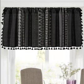 RYNGHIPY Black Boho Kitchen Valances for Windows, Farmhouse Tier and Valance Window Curtain with Tassels, Short Curtains for Bathroom, Living Room, Farmhouse, Bedroom, 55 x 36 Inches Length