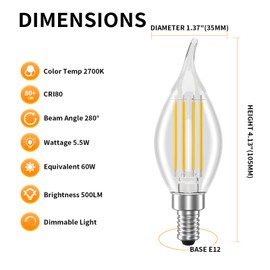 novapollo E12 Chandelier Light Bulbs, Dimmable 60 Watt Equivalent 2700K Soft Warm White Candelabra Light Bulbs for Bedroom, 500LM 5.5W Efficient Lightbulb, 6-Pack
