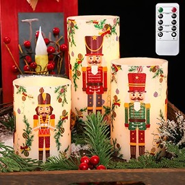Petristrike Flameless Christmas Candles Battery Operated, Realistic Flickering Flameless Candles with Timer & Remote, Holiday Led Pillar Candles for Holiday Decorations, Nutcracker