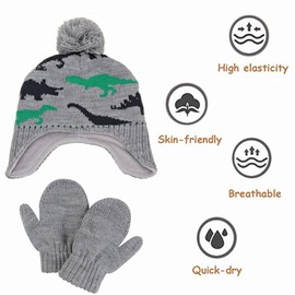 Unisex Newborn Winter Cute Cartoon Dinosaur Beanie Hat Gloves Set for Baby Girls Boys 1-5Y, Infant Toddler Fleece Lining Warm Knitted Earflaps Cap Glove, Kid Hats and Mitten Set (Grey Green, M)