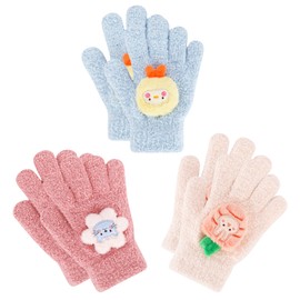 QKURT 3 Pairs Kids Magic Gloves, Unisex Winter Knit Gloves Colorful Warm Children Mitten Stretchy Full Finger Kids Mitten Birthday Christmas Gloves with Cute Pattern for Boys Girls