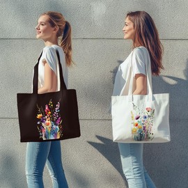 2 Pieces Canvas Tote Bag Fashion Floral Black & White Set Canvas Bag for Work Shopping Beach Reusable Grocery Bags Birthday Christmas Presents for Women Girls Friends Sister Mom Teacher Appreciation