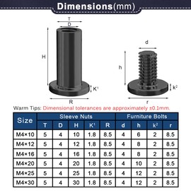 Drenky Connecting Screws Black M4 Sleeve Nuts 304 Stainless Steel Screws Barrel Nuts Kit M4 X 16mm Hexagon Furniture Bolts 10 Sets Flat Hex Bolt for Bed, Door, Table, Chair, Worktop, Cabinet