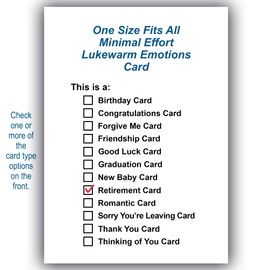 One Size Fits All Minimal Effort Lukewarm Emotions Funny All Occasion Card | Funny Birthday Card | Funny Retirement Card | Funny Thank You Card | 5 x 7 Inches Folded