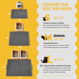 Conlun Cat Litter Trapping Mat for Small Spaces, 23.6"x14.6" Space-Saving Litter Box Floor Mat, Hexagon Grids & Anti-Leak Base, Machine Washable, Non-Slip Kitty Matt for Apartment, Gray