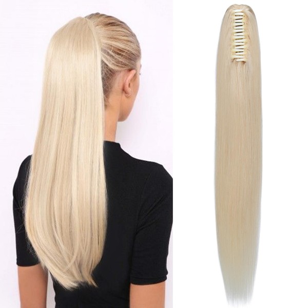 S-noilite Real Hair Clip-In Hair Extensions with Clip Made of Straight and Long Real Hair, Hair Extensions, Straight, Remy Real Hair, Ponytail, Hair Extensions, #60, Platinum Blonde, 45 cm - 115 g