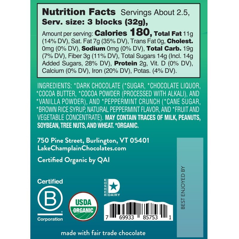 Lake Champlain Organic Dark Chocolate Peppermint Crunch Candy Bar, 3