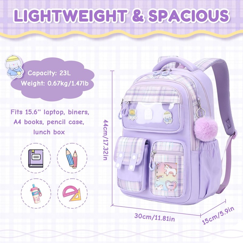QIXIHU Kids Backpack for Girls, Bookbag for Elementary Students Kawaii
