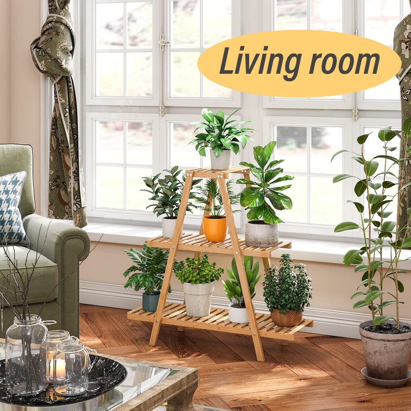 Furshus Bamboo Plant Stand - Indoor/Outdoor 3 Tier Plant Ladder,