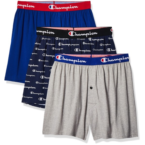 Champion Men's Cotton Stretch 3 Pack Boxer Shorts, Blue Script Logo/Oxford Grey Heather/Surf The Web Blue, Large