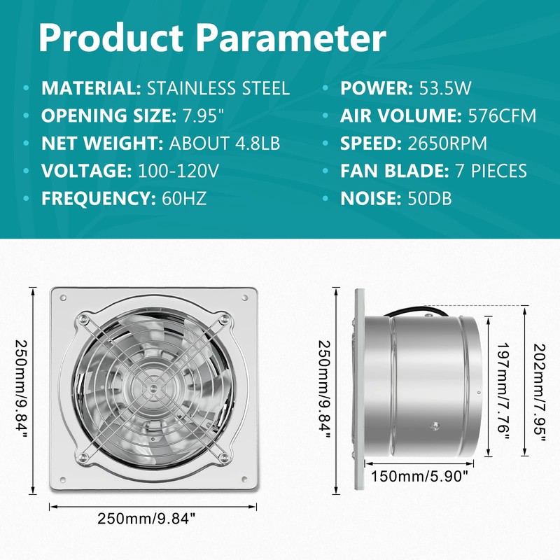 HG Power 8 Inch Kitchen Exhaust Fan, 576CFM Metal Attic