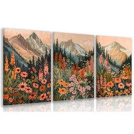 Cyebmo Framed Boho Landscape Wall Art Set of 3, Mountain Sunset Daisy Flowers Wall Decor, Colorful Wildflower Wrapped Canvas Painting, Boho Botanical Art Prints for Bedroom Living Room 12x16 Inch