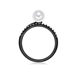 Valero Pearls Women's Ring 925 Sterling Silver Black Rhodium Plated with Freshwater Cultured Pearl White 6.0-7.0 mm Zirconia, Cubic Zirconia