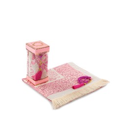Muslim Prayer Rug and Prayer Beads with Elegant Gift Box | Janamaz | Sajadah | Soft Islamic Prayer Rug | Islamic Gifts Set | Prayer Carpet Mat, Taffeta Fabric, Pink