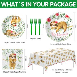 APOWBLS Sloth Birthday Party Supplies Girl, Sloth Party Decorations Tableware For Baby Shower Birthday, Paper Plate, Napkin, Fork, Tablecloth, Jungle Animal Sloth Party Supplies Dinnerware | Serve 24