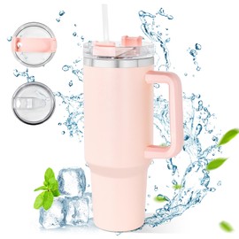 AGH life 40oz Thermobecher mit Strohhalm und Henkel, Doppelwandig Edelstahl Thermobecher, 1180 ML Tragbare Isolierter kaffeebecher Auto, Reisebecher ThermoTrinkbecher Tumbler Cup (Rosa)