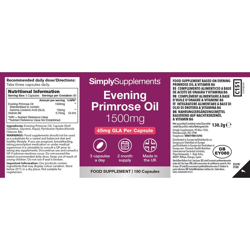 Evening Primrose Oil 500mg | 180 Capsules | Cold Pressed