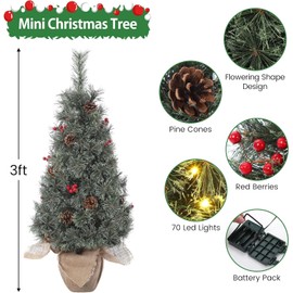 3ft Pre-Lit Artificial Mini Christmas Tree with Vintage Potted Base, Christmas Tree with Flocked Snow 78 White Led Lights and Red Berries, Holiday Decor for Home, Entrances, Bedroom