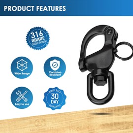 NECMETU Black Snap Shackle 316 Stainless Steel Swivel Shackle Sailing Halyard, Quick Release Snap Hook Boat Shackles Sailboat Hardware for Sailing Rigging Shackles (3-1/2 Inch - 2Pcs)