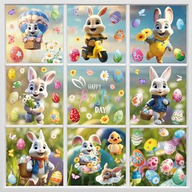 Hianjoo Pegatinas para Ventana de Pascua, 9 Hojas 75 PCS Adhesivos PVC Estáticos, Lindo Conejo de Dibujos Animados, Huevos, Flor y Mariposa para Decoración
