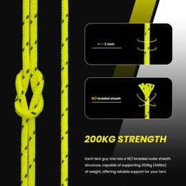 Abma Cord Tent Guy Ropes 3mm 30M Guy Line 6 Pcs Guy Rope Tensioners Heavy Duty Guide Rope for Camping, Gazebos, Awning, Tarp - Reflective Neon Yellow
