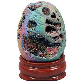 KYEYGWO Titanium Coated Agate Geode Egg Figure with Wooden Stand, Oval Crystal Ball Sculpture Egg-shaped Stone Fengshui Ornament Healing Stone Druze Gemstone Cluster House Decor, Colourful