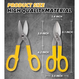 DOWELL 8” Tin Snips Metal Cutters with Flat Blade, with Comfortable Yellow Rubber Handle for DIY Handyman,Roofers, Mechanics, Homeowners
