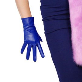 DooWay Women Real Leather Gloves Blue Imported Goatskin Leather Wrist Short Vintage Classic Warm Driving Gloves