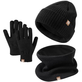 Winter Beanie Hat, Scarf, Gloves Set, Children's Winter Hat Scarf Gloves Set, Hat Warm Beanie Hat Boys Touchscreen Gloves Round Scarf Set for 5-12 Years, black