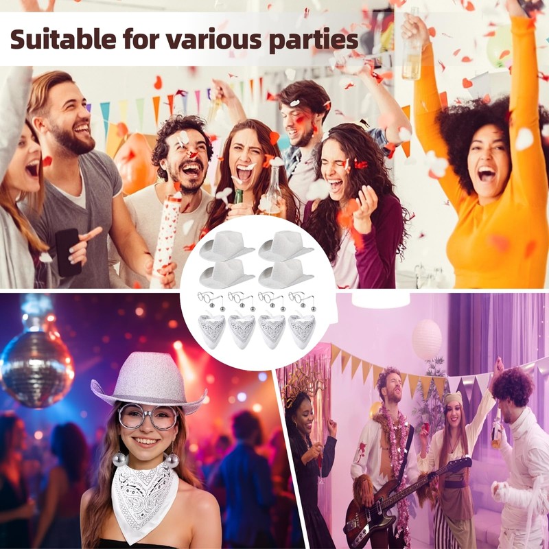 Toyosport 4 Packs Disco Ball Western Cowboy Hat with Sunglasses