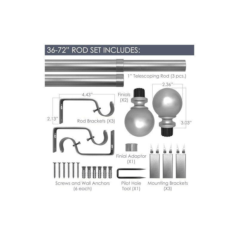 Easy Install No Drill Curtain Rod Set 36-72", White